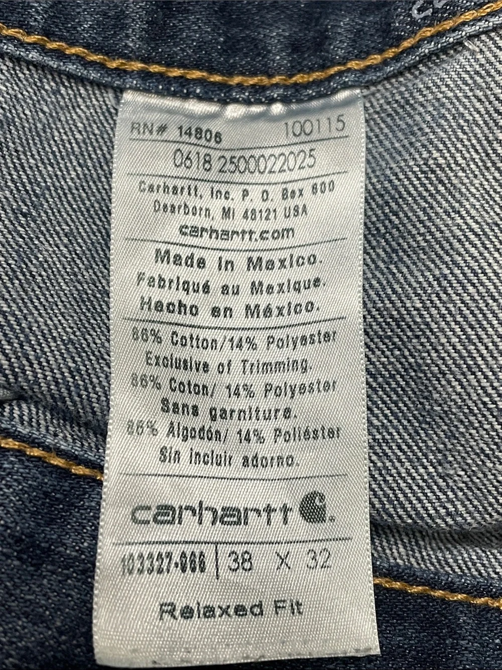 Carhartt relaxed fit carpenter denim jeans. Size 38x32. Pre-owned.